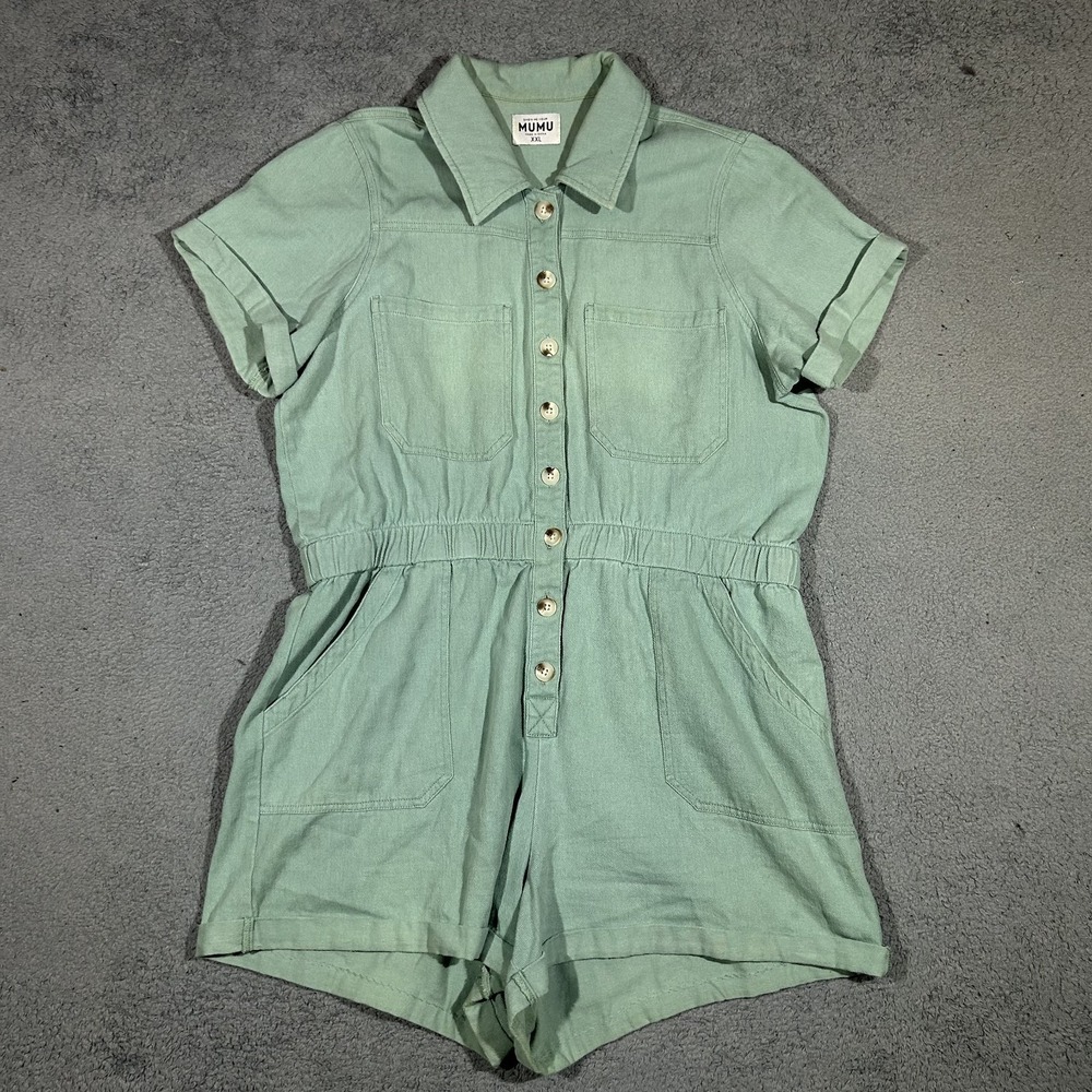 Show Me Your MuMu Mint Green Short Sleeve Button Romper